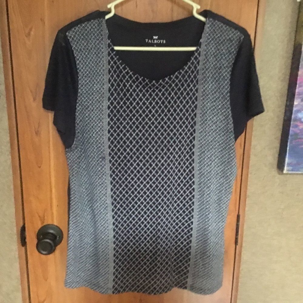 Talbots Women’s Sz L Navy Print Linen Blouse - Picture 2 of 8